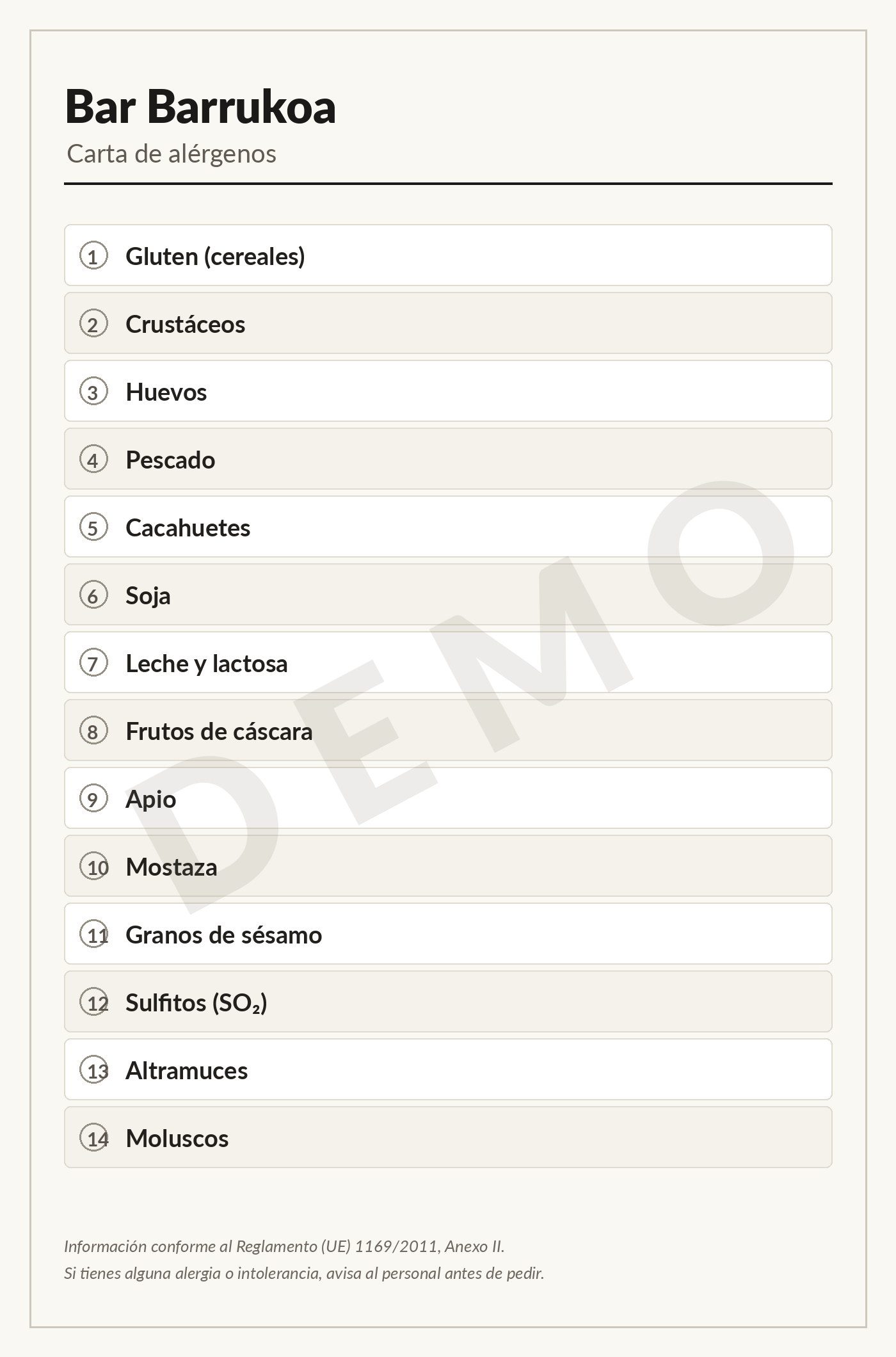 Hoja de alérgenos del establecimiento